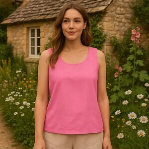 Quacker Factory Pink Linen Cotton Blend Sleeveless Rhinestone Top Women's Medium